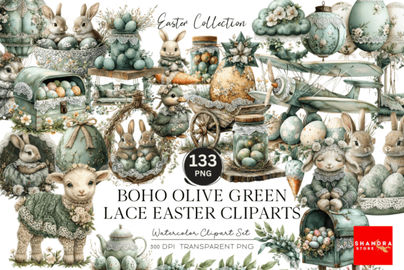 Download Boho Olive Green Lace Easter Cliparts - Easter cliparts Collection